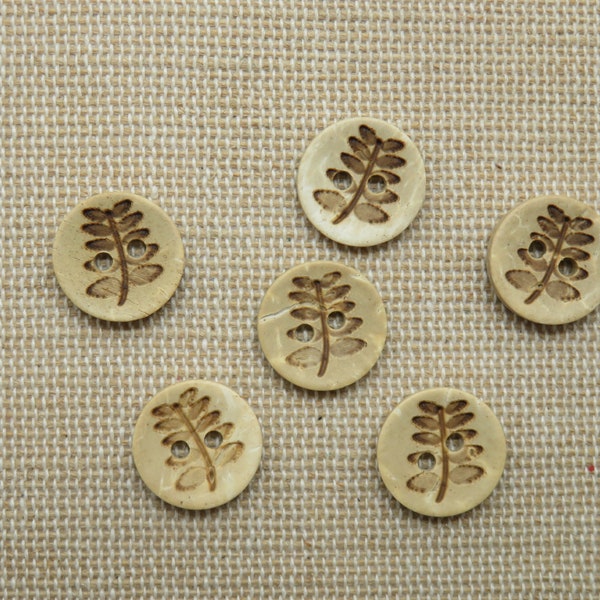 6 Boutons en bois de coco gravé feuillage 12mm - ensemble de 6 boutons de couture naturel