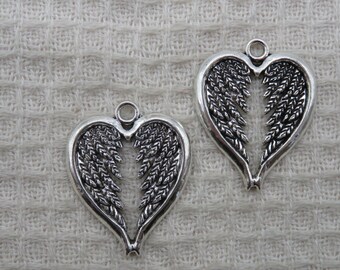 2 silver heart pendants with metal angel wings - set of 2 heart wing charms, DIY jewelry making