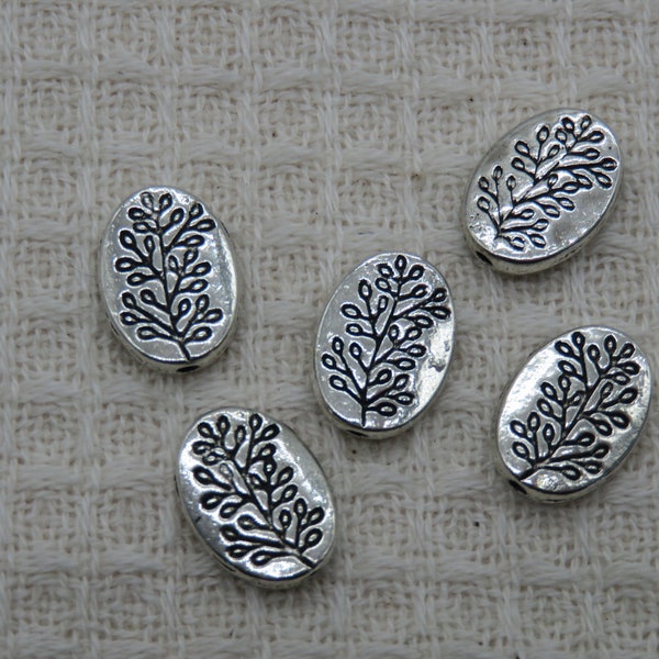 5 Oval beads engraved silver leaf in metal 14mm, set of 5 beads, DIY boho jewelry making