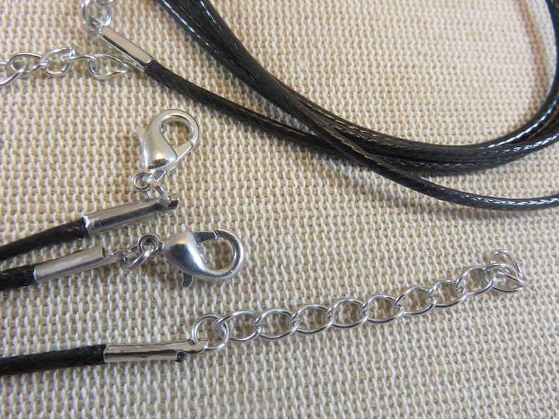 10 Colliers cordon coton ciré noir 47cm avec chaînette et mousqueton ensemble de 10 collier fabrication bijoux image 2