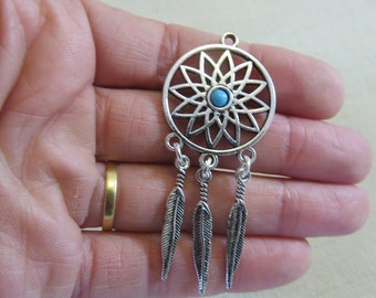 Pendant catches dream feather silver color 64mm - charm for making boho jewelry