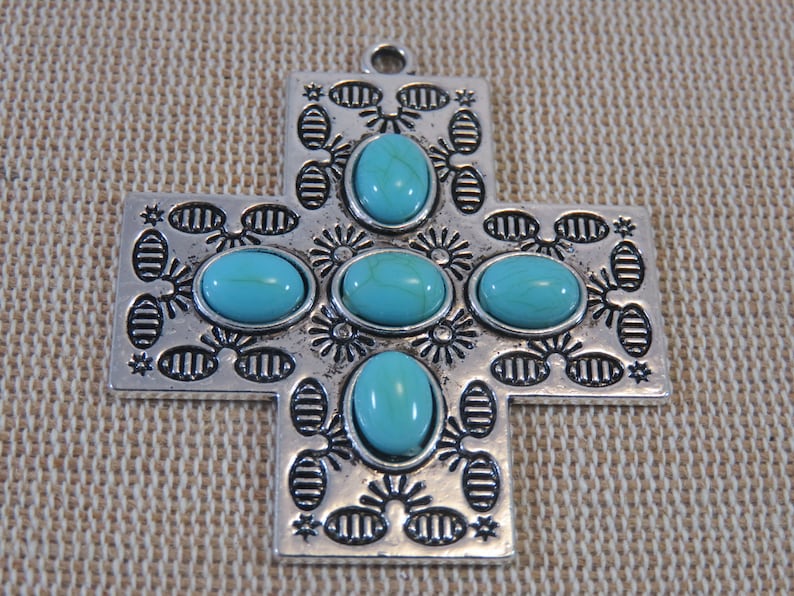 silver-colored metal pendant for making jewelry 47mm boho boho blue cabochon pendant