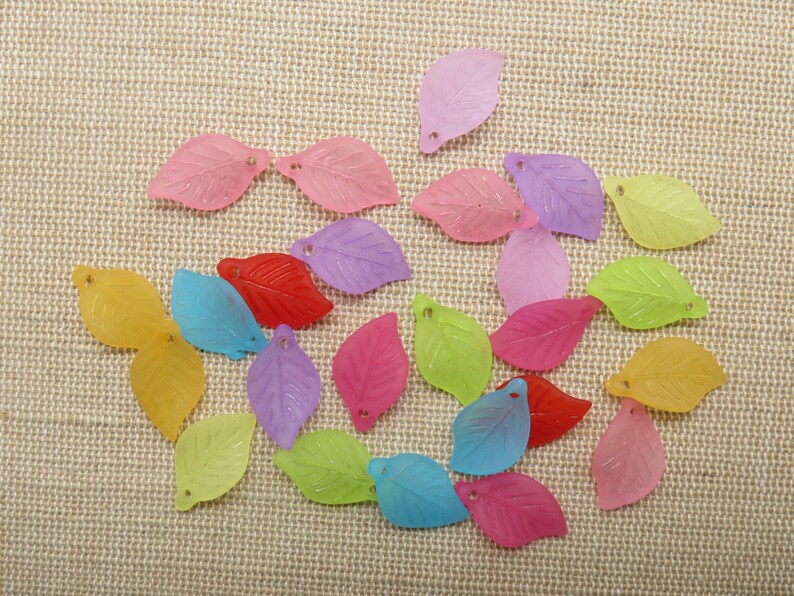 15 Pendentifs feuille acrylique 18mm pampille nature, ensemble de 15 breloque, création bijoux DIY Multicolore