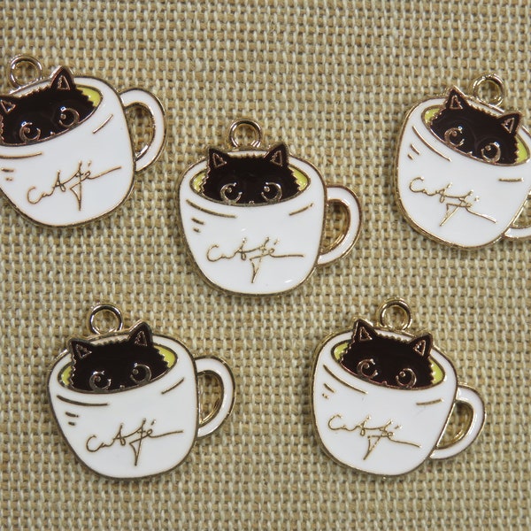 5 Breloques tasse de café chat métal émaillé 19mm - ensemble de 5 pendentifs pour fabrication bijoux