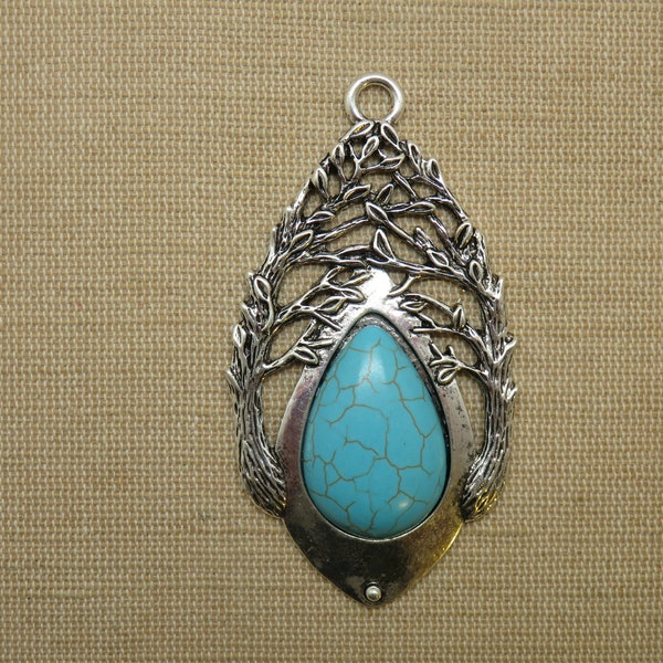 Grand Pendentif bohème graine arbre branche en métal coloris argenté, cabochon effet pierre turquoise