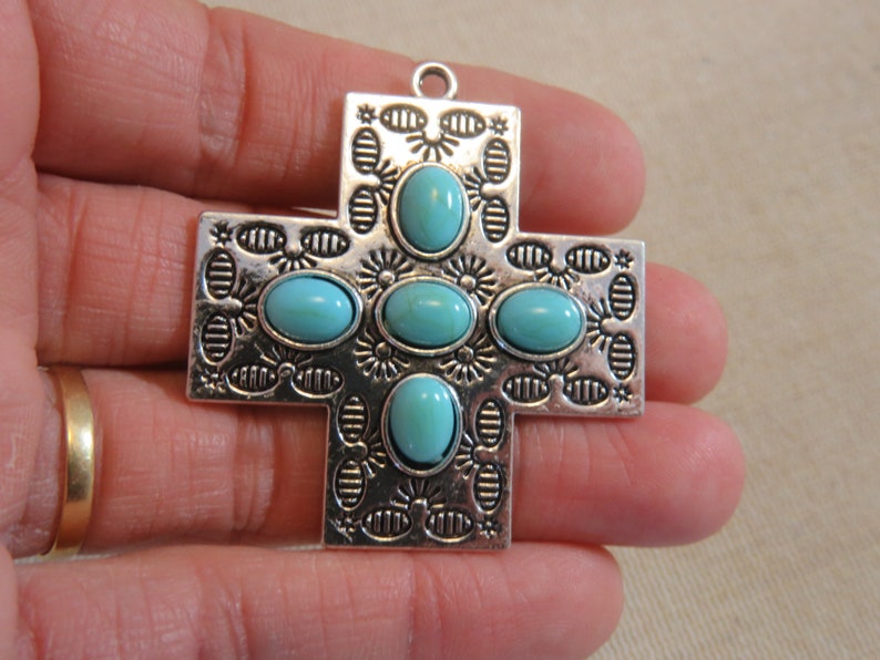 silver-colored metal pendant for making jewelry 47mm boho boho blue cabochon pendant