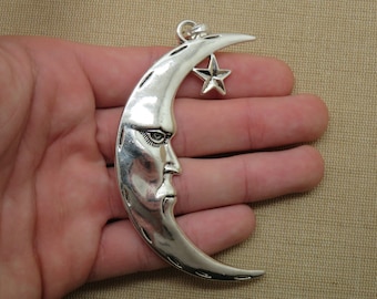 Large silver or bronze boho face moon pendant 95mm, celestial jewelry making