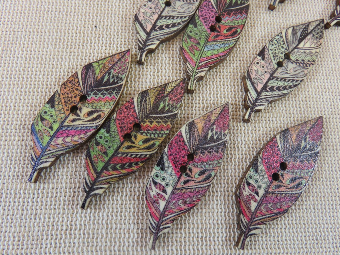 10 Multicolored Wooden Feather Buttons Mixed Set of 10 - Etsy