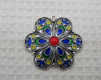 Multicolored metal enamelled flower pendant 40mm, ethnic charm for creating DIY jewelry
