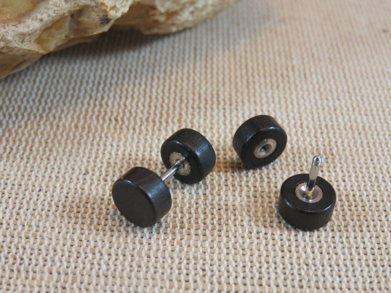 Boucles d'oreille double face puces en bois couleur au choix : Noir Marron bijoux mixte bijoux femme et homme Noir 10mm