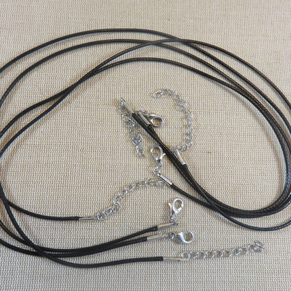 10 Colliers cordon coton ciré noir 47cm avec chaînette et mousqueton - ensemble de 10 collier fabrication bijoux