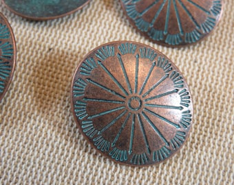 4 Oval shield buttons in patinated copper or silver metal, set of 4 antique style sewing buttons