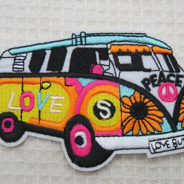 Patch combi van hippie écusson thermocollant - appliqué brodé véhicule vintage automobile