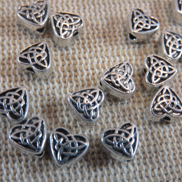 10 Perles cœur nœuds celtique en métal argenté vieilli, ensemble de 10 perles 7mm, pour bijoux romantique