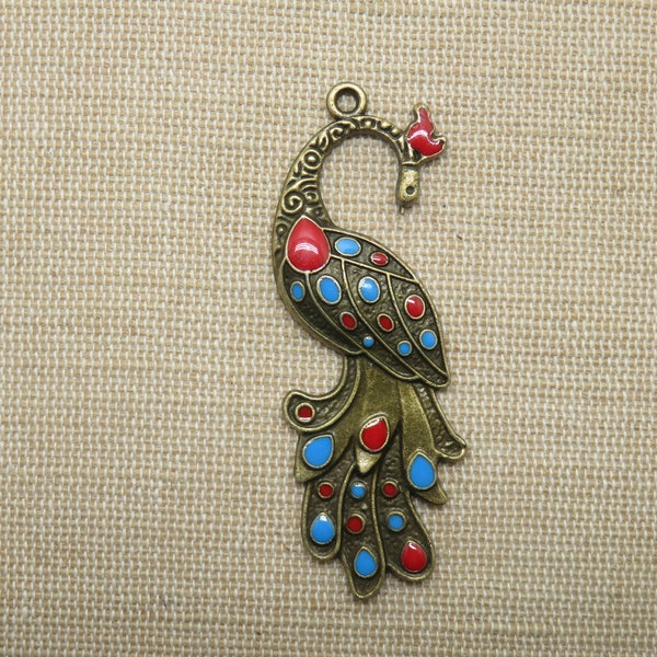 Pendentif Paon métal bronze émaillé bleu rouge - Grand pendentif 61mm pour fabrication bijoux