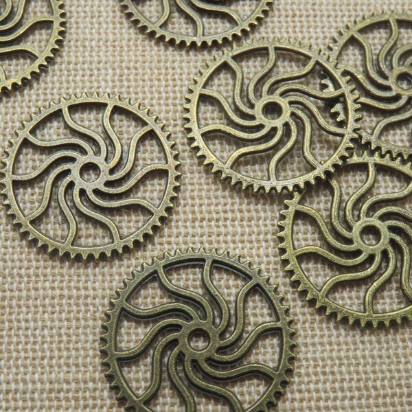 6 Pendentifs engrenage Steampunk métal bronze 25mm - ensemble de 6 breloques pour fabrication bijoux