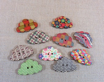 10 Boutons nuage en bois multicolore 30mm - ensemble de 10 boutons de couture scrapbooking