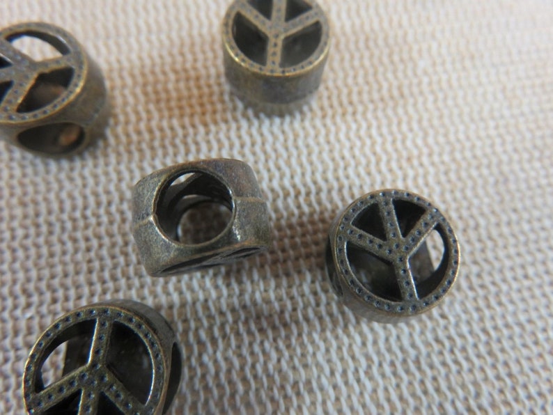 5 Peace Love Bronze Pearls 10mm set of 5 metal beads with big hole for hair bracelet