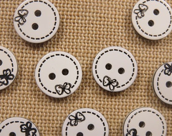 10 Round Buttons White Bow tie Black 13mm - set of 10 layette sewing buttons