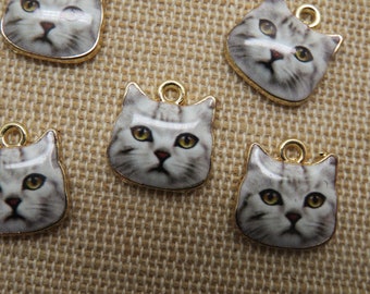 5 Pendentifs chat tête en métal émaillé 13mm, ensemble de 5 breloque animal, fabrication bijoux DIY