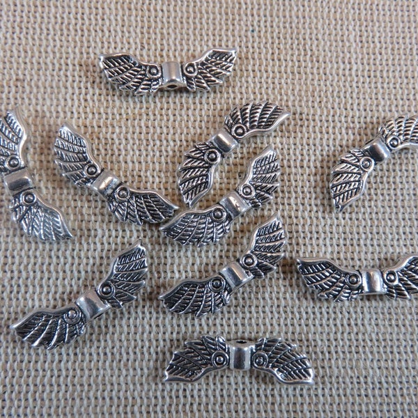 10 Silver bronze angel wing beads 22mm in metal, set of 10 spacer beads, DIY jewelry making