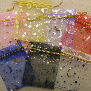 10 Sachets organza imprimé lune étoiles doré 9cmx7cm ensemble de 10 sac pour emballage cadeaux noël anniversaire Multicolore