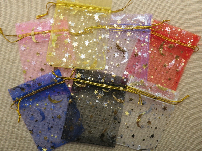 10 Sachets organza imprimé lune étoiles doré 9cmx7cm ensemble de 10 sac pour emballage cadeaux noël anniversaire Multicolore
