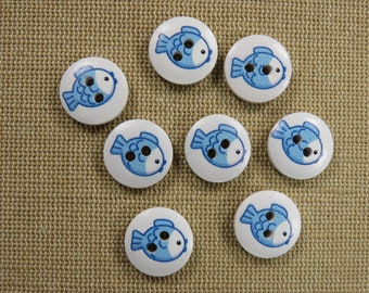 8 Boutons en bois poisson bleu 15mm, ensemble de 8 boutons de couture, bouton animal marin