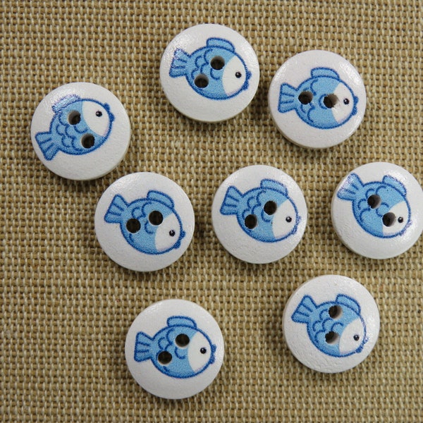 8 Boutons en bois poisson bleu 15mm, ensemble de 8 boutons de couture, bouton animal marin