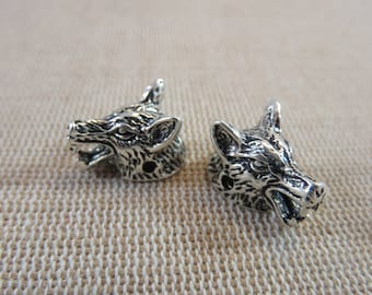 2 Perles tête Loup 17mm métal coloris argenté - ensemble de 2 perles gravure animaux pour fabrication bijoux