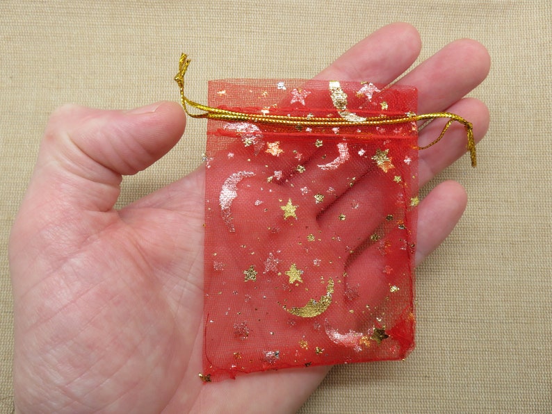 10 Sachets organza imprimé lune étoiles doré 9cmx7cm ensemble de 10 sac pour emballage cadeaux noël anniversaire image 4