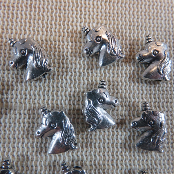 10 Perles licorne 3D argenté 11mm tête cheval en métal, ensemble de 10 perle, fabrication bijoux DIY