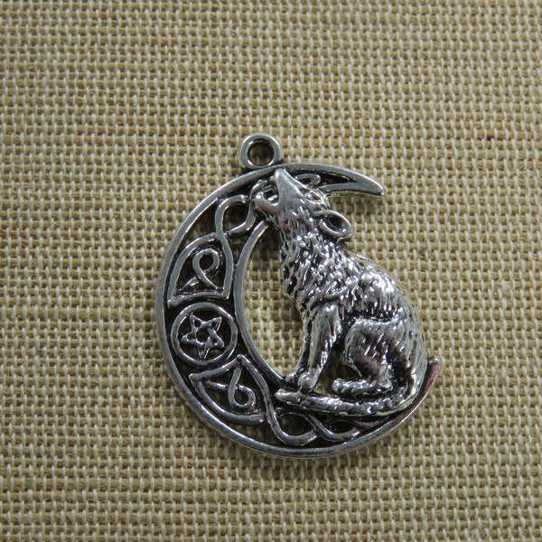 Pendentif loup lune métal argenté vieilli, grande breloque pour fabrication bijoux collier