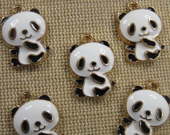 5 Enameled metal Panda charms - set of 5 animal pendants for jewelry making