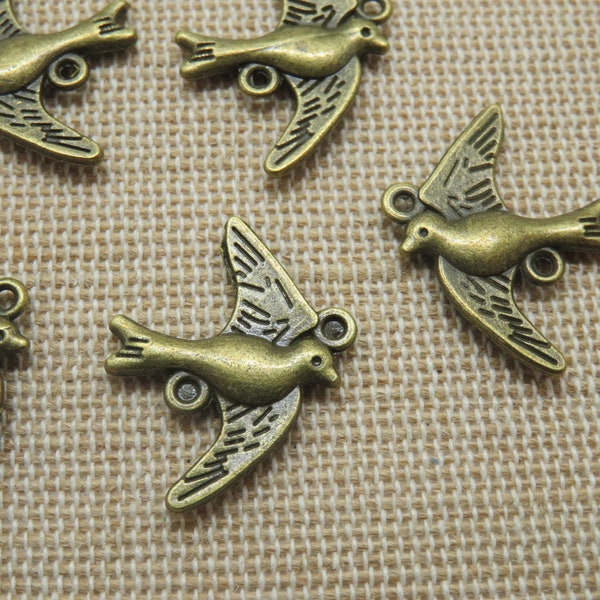 5 Pendentifs oiseau hirondelle bronze 22mm en métal, ensemble de 5 breloques connecteur, fabrication bijoux nature DIY