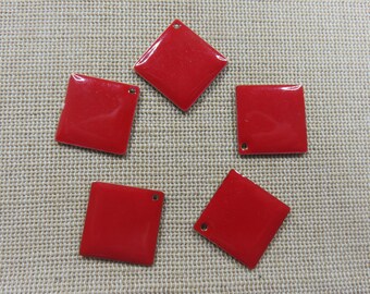 5 Breloques sequin losange cuivre émaillé rouge 24mm - ensemble de 5 pendentifs pour fabrication bijoux