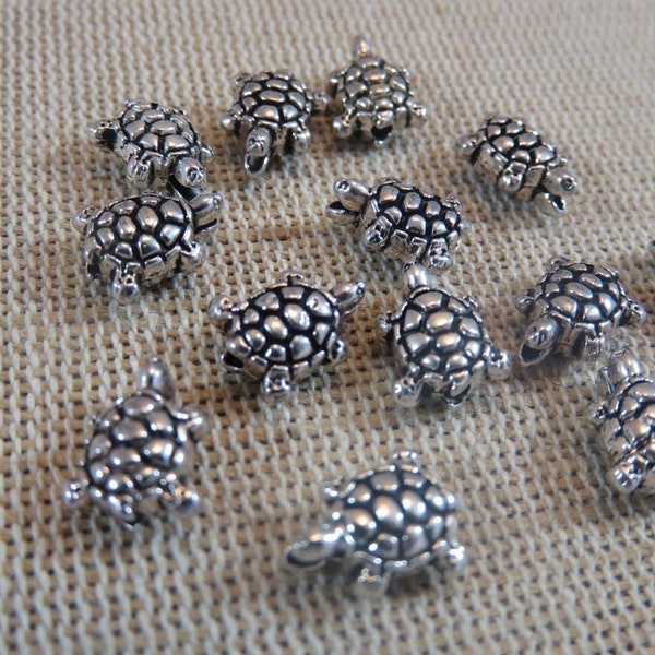 10 Perles Tortue 3D argenté 10mm en métal ou CCB animal océan, ensemble de 10 perle, création bijoux DIY