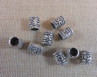 10 Perles tonneau tube métal coloris argenté 9x6mm - ensemble de 10 perles colonne intercalaire ethnique gravé pour bijoux