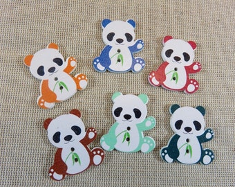 Boutons Panda en bois ours multicolore, ensemble de 6 boutons de couture fantaisie kawaii, customisation scrapbooking carterie