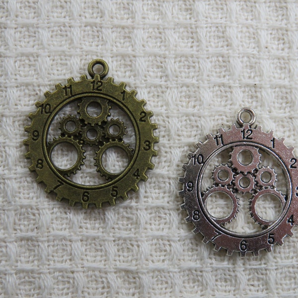 Pendentif horloge Steampunk engrenage 28mm en métal, Bronze ou Argenté, breloque cadran montre pour fabrication bijoux