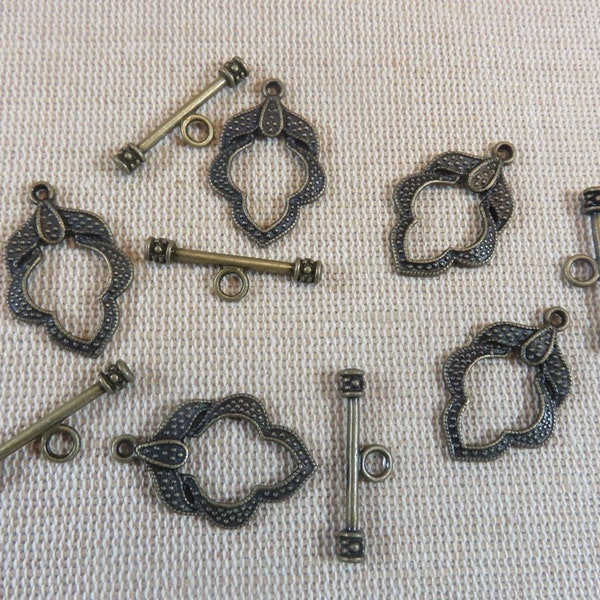 5 Fermoirs toggles feuilles métal bronze gravure style antique - Crochets pour bracelet nature