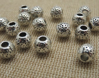 10 Perles métal ronde argenté effet martelé 7mm, ensemble de 10 perle gros trou, fabrication bijoux DIY