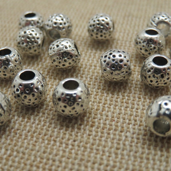 10 Perles métal ronde argenté effet martelé 7mm, ensemble de 10 perle gros trou, fabrication bijoux DIY