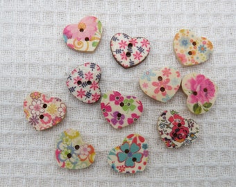 10 Flowered heart buttons in multicolored wood - mixed set of 10 sewing buttons scrapbooking decoration