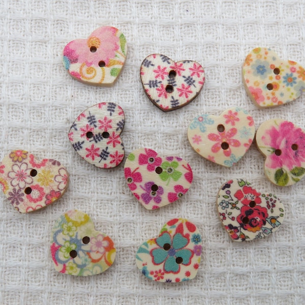10 Boutons cœur fleuri en bois multicolore - ensemble mixte de 10 boutons de couture scrapbooking décoration