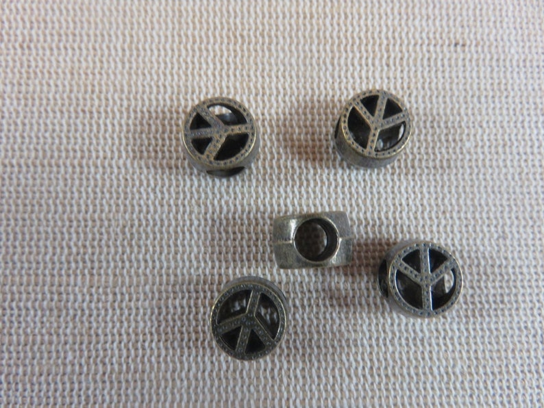 5 Peace Love Bronze Pearls 10mm set of 5 metal beads with big hole for hair bracelet