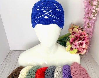 Crochet lace hat in choice of colors, Handmade lacy cloche for all season wear, 1920s flapper style beanie, Birthday and Mothers Day gift