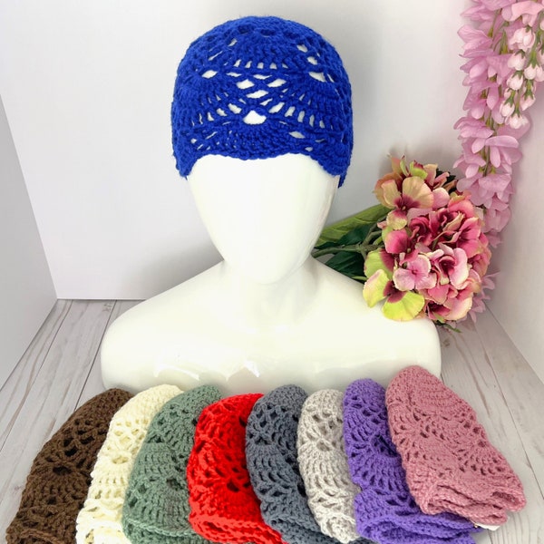 Crochet lace hat in choice of colors, Handmade lacy cloche for all season wear, 1920s flapper style beanie, Birthday and Mothers Day gift