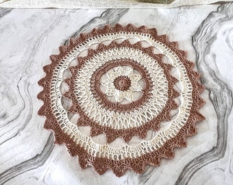 Unique handmade crochet doily in brown and cream, 16 inch boho home decor, Mandala table mat housewarming gift, Modern cotton lace doily