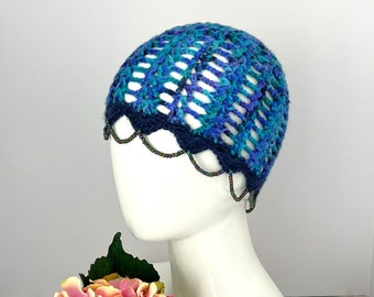 Handmade flapper beanie with bead trim, Crochet Juliet cap roaring 20s inspired, Lacy blue purple acrylic cloche, Summer festival wear